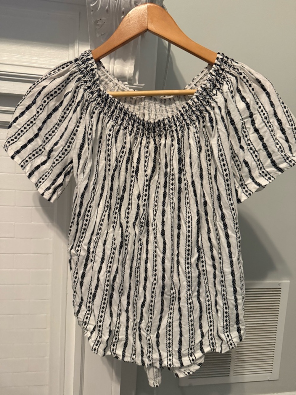 Ann Taylor White Blouse with Black Vertical Stripe Smocked Neckline